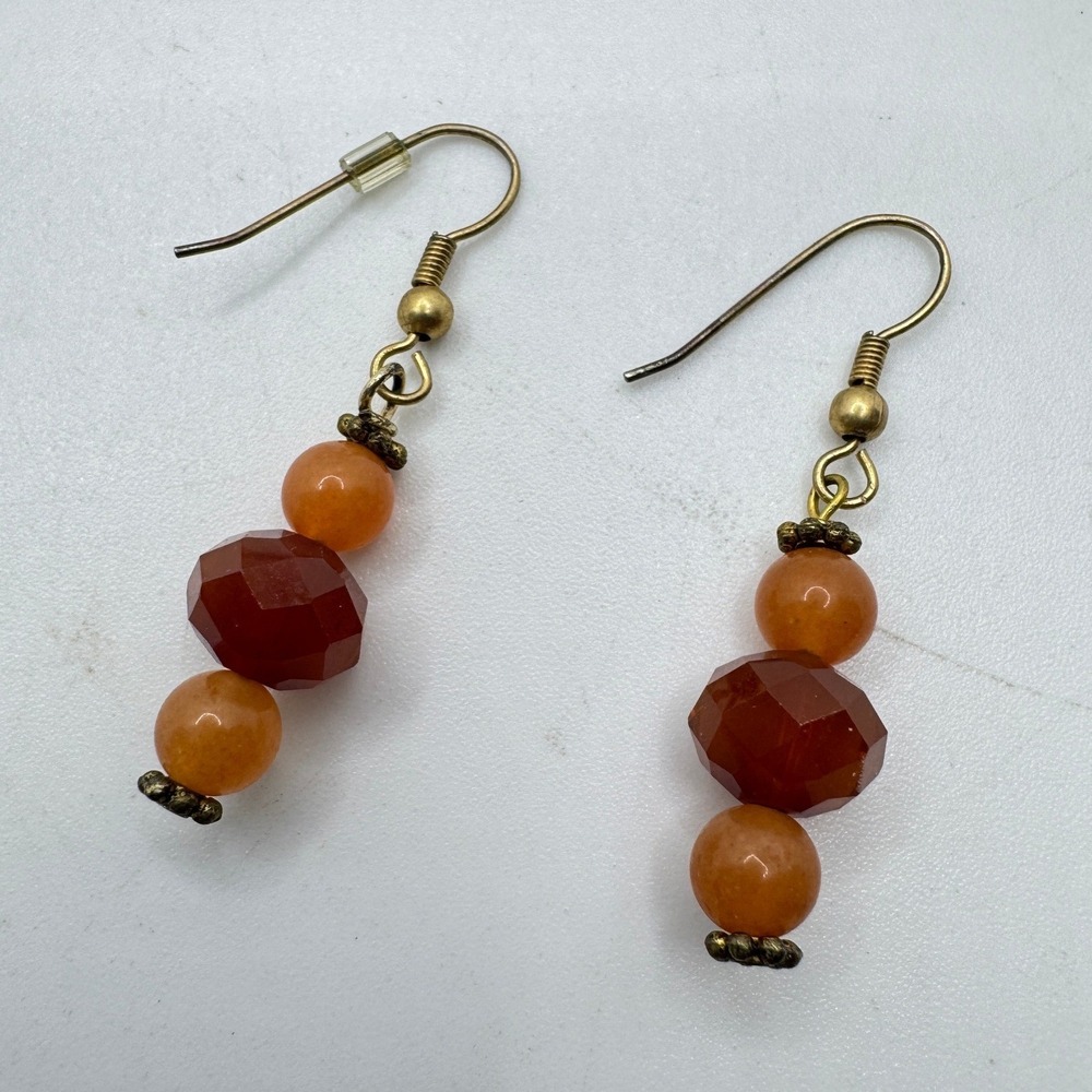 Orange Beaded Drop Earrings Antique Brass Hook Earthy Boho Dangle Artisan